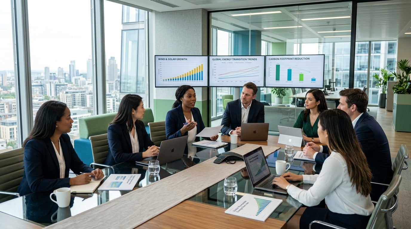 Professional team discussing energy solutions in a modern office